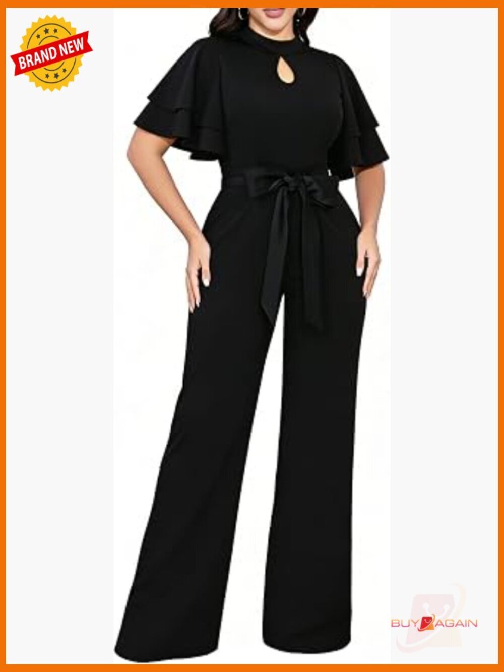 Women's Casual Loose Ruffled Short Sleeve Belted Wide Leg Jumpsuit